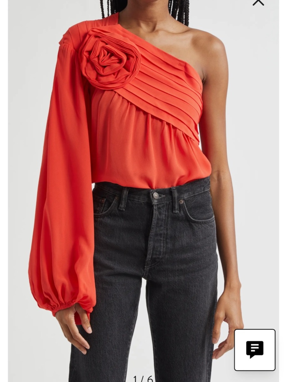 FARM Rio One-Shoulder Pleated Red Blouse with Rosette